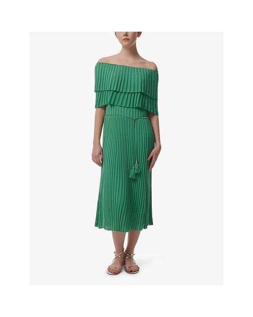 eem Green Off-Shoulder Pleat Woven Midi Dress