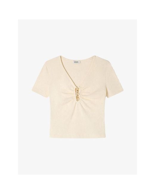 Sandro Natural Jewel-Embellished Cropped Stretch-Cotton T-Shirt