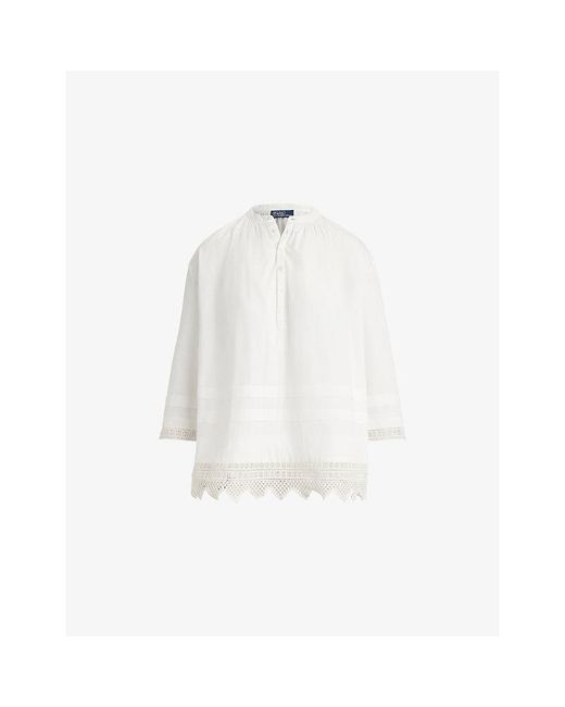 Polo Ralph Lauren White Crochet-Hem Relaxed-Fit Cotton Shirt