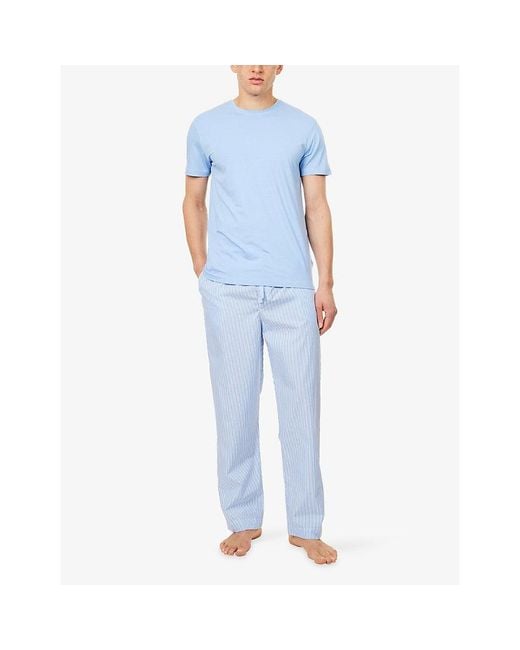 Derek Rose Blue James Stripe Cotton Pyjama Trousers for men