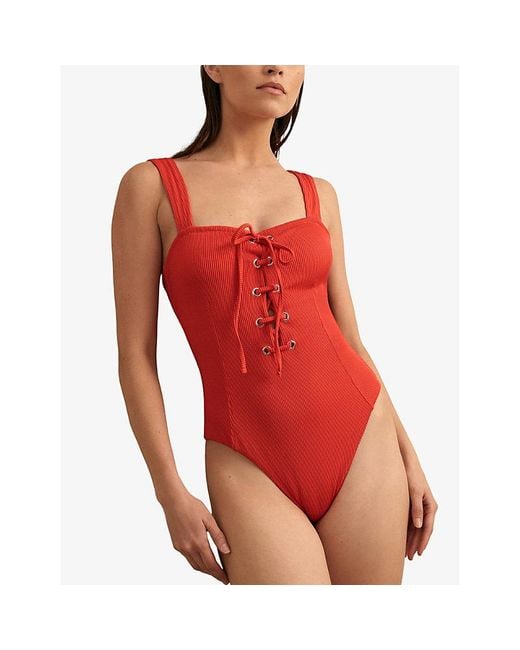 Reiss Red Lace-Up Ribbed Swimsuit