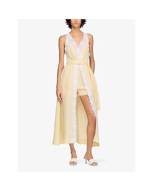 Sandro Natural Sleeveless Lace-Trim Linen-Blend Maxi Dress