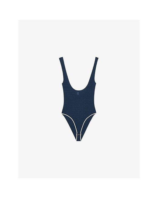 Sandro Blue Katia Logo-Embroidered Contrast-Trim Stretch-Woven Bodysuit