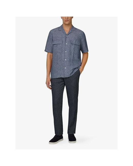 Boggi Blue Open-Collar Linen And Cotton-Blend Denim Shirt for men