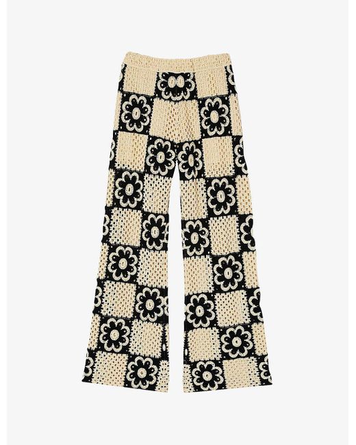 Sandro White Flower-motif Straight-leg Crochet-knit Trousers