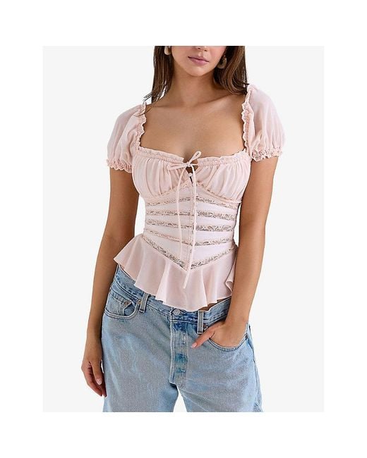 House Of Cb Pink Cara Peplum-Hem Chiffon Top Xs (D-E Cup)