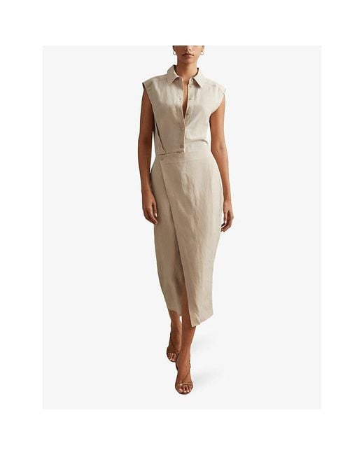 Reiss White Yasmin Wrap-skirt Slim-fit Linen-blend Midi Dress