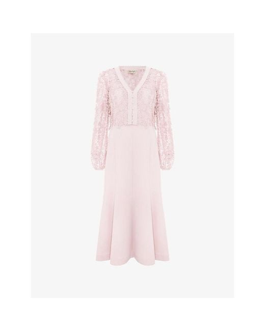 Phase Eight Pink Ayumi Lace-Embroidered Stretch-Woven Midi Dress