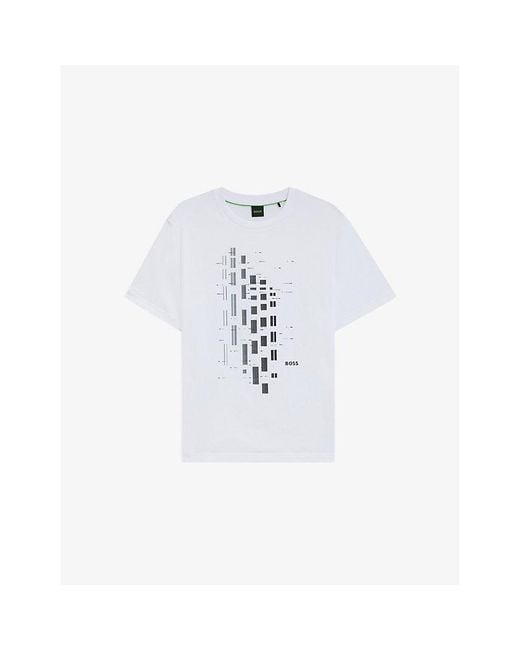 Boss White Graphic-Print Short-Sleeve Stretch-Cotton T-Shirt for men