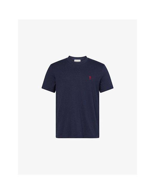 AMI Blue Logo-Embroidered Cotton T-Shirt for men