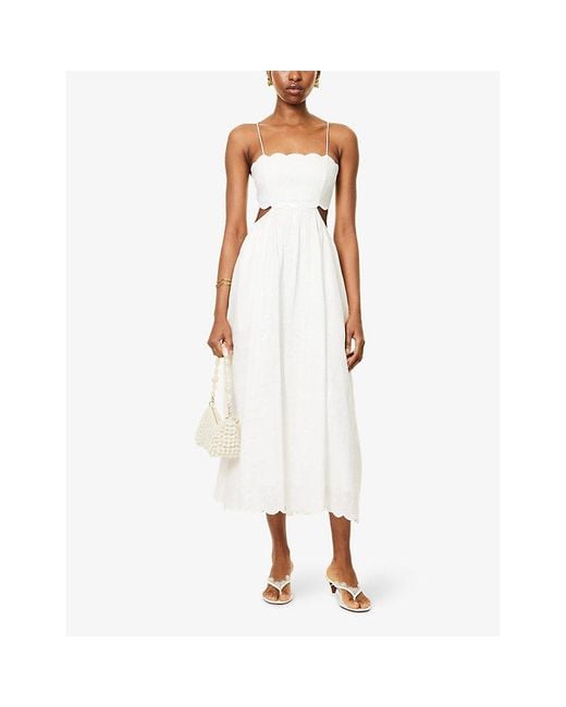 Zimmermann White Rhiannon Scalloped-Trims Linen Midi Dress