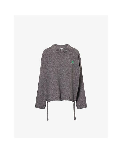 Ganni Gray Embroidered-Logo Ruching-Straps Wool-Blend Jumper