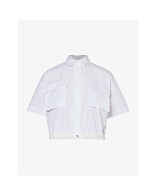 Sacai White Cropped Drawstring-hem Cotton Poplin Shirt