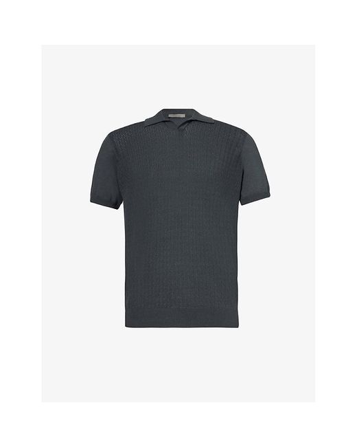 Corneliani Black Short-sleeved Textured Cotton Polo Shirt for men