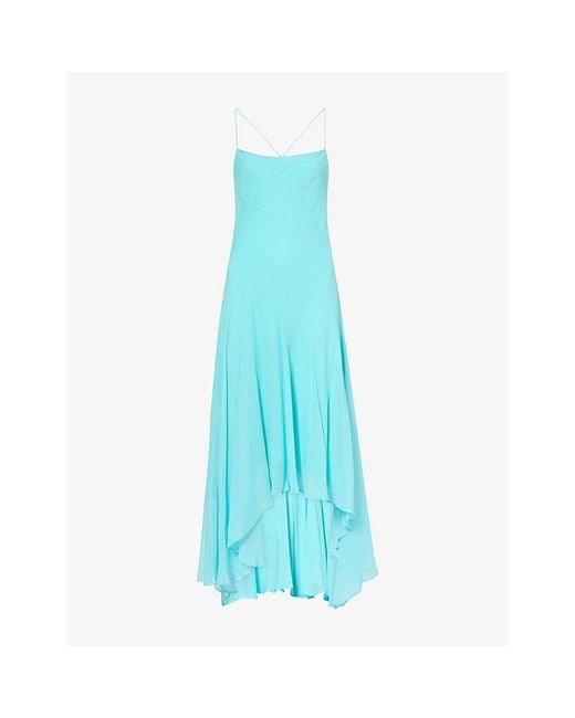 De La Vali Blue Komi Asymmetric-Hem Tulle Midi Dress