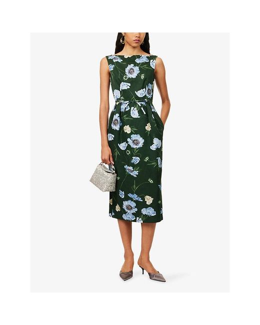 Erdem Green Floral Sleeveless Cotton-Blend Pencil Midi Dress