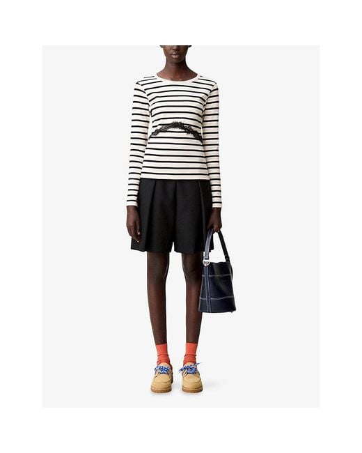 Claudie Pierlot White Striped Lace-Trim Cotton-Jersey T-Shirt