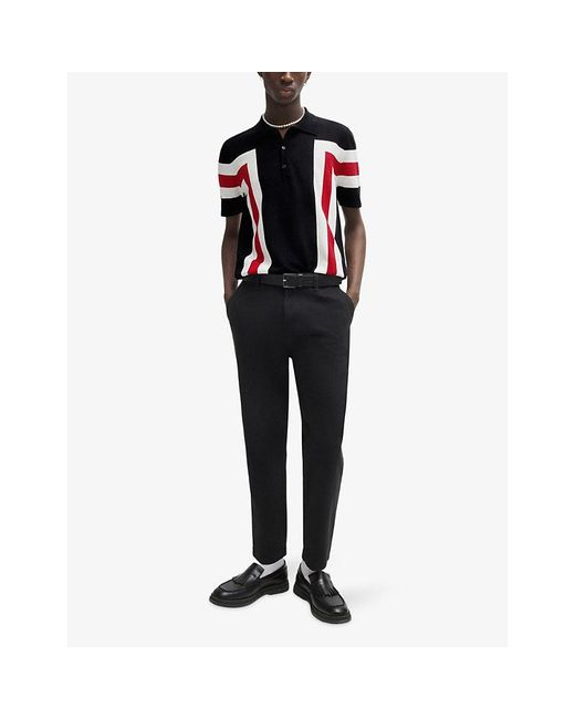 HUGO Black Button-Neck Short-Sleeve Stripe Cotton Polo for men