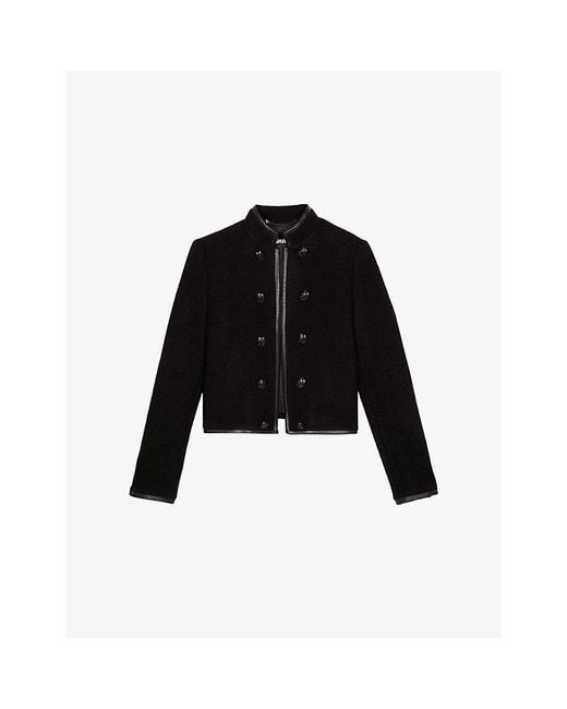 The Kooples Black Stand-Collar Leather-Trim Wool Jacket