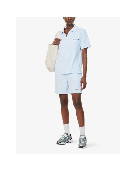 Sporty & Rich Blue April Eden Script Terry-Cotton Polo Top