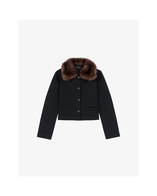Maje Black Short Removable-Collar Stretch Wool-Blend Jacket