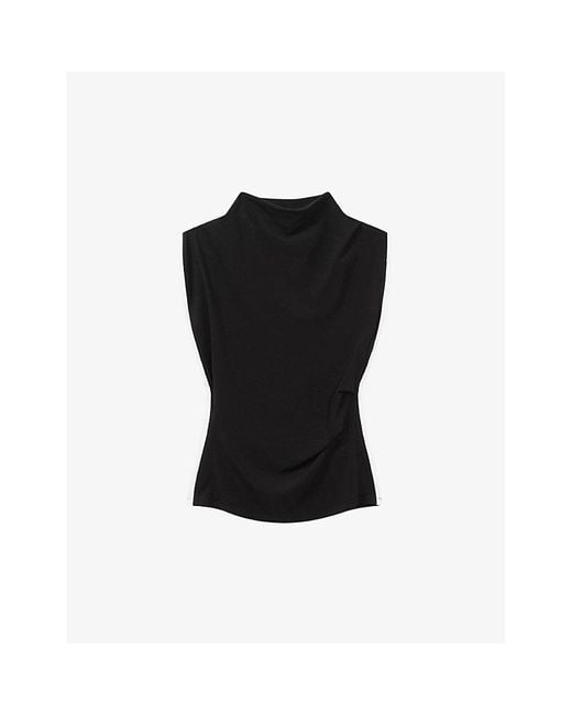 Reiss Black Eva Asymmetric-drape Stretch-woven Top