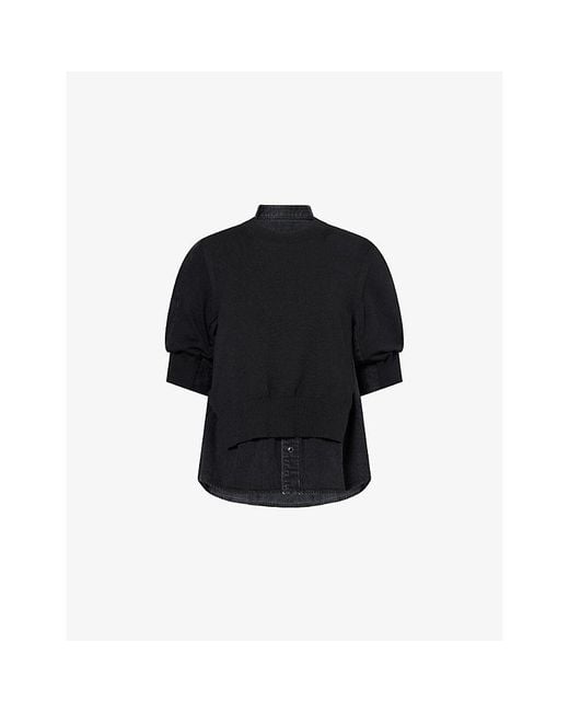 Sacai Black Short-Sleeve Layered Cotton-Knit And Denim Top