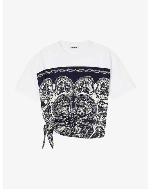 Sandro White Graphic-print Tied Cotton T-shirt
