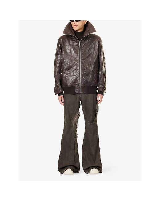 Rick Owens Brown High-Neck Leather Bomber Jacket for men