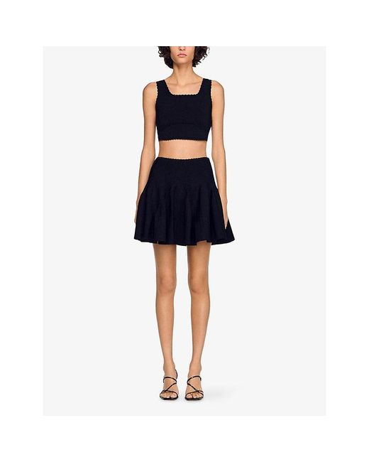 Sandro Black Cropped Scalloped-Trim Stretch-Knit Jumper