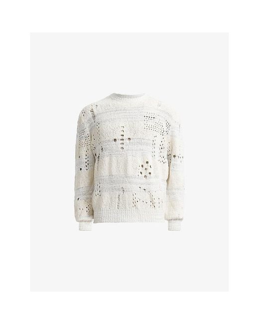 AllSaints White Harvey Crewneck Distressed Cotton Jumper for men