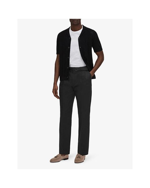 Reiss Black Liquid Pleated Tapered-leg Stretch Cotton-blend Trousers for men