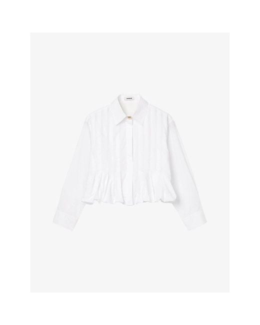 Sandro White Pleated Cropped Cotton Shirt