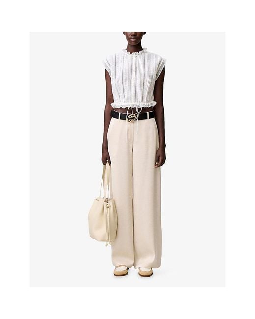 Claudie Pierlot White Cropped Lace-Trim Cotton-Blend Blouse