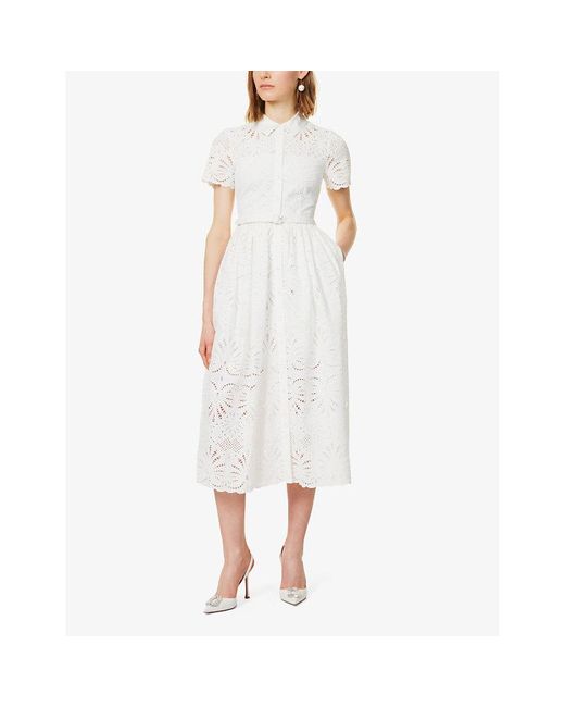 Self-Portrait White Broderie-anglaise Belted-waist Cotton Midi Dress