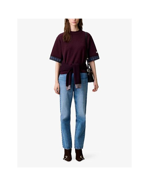 Claudie Pierlot Purple Short-Sleeved Checked-Trim Knitted Jumper