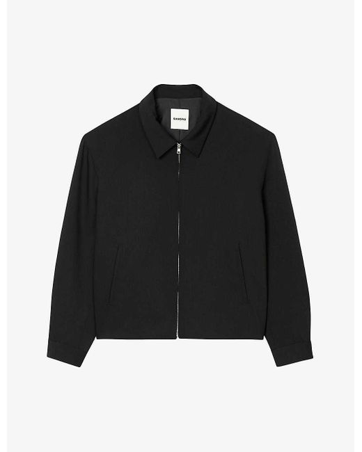 Sandro Black Shirt-collar Inverted-pleat Stretch Virgin-wool Jacket for men