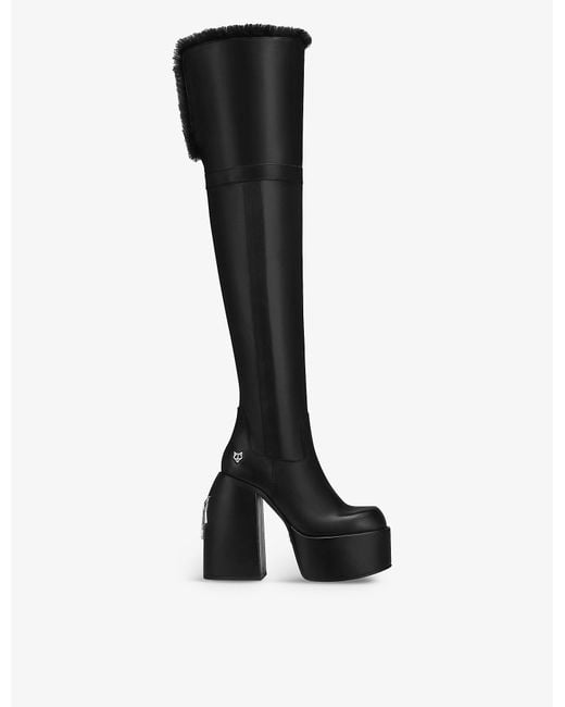 Naked Wolfe Black Jealous Shearling-trim Knee-high Leather Boots