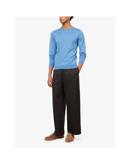 John Smedley Blue Lundy Crewneck Merino-Wool Jumper for men