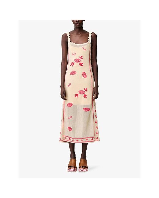 Claudie Pierlot Pink Floral-Embroidered Sleeveless Cotton-Knit Midi Dress