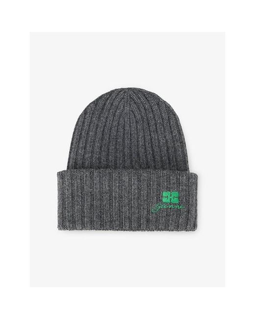 Ganni Gray Ribbed Brand-Embroidery Wool-Blend Beanie