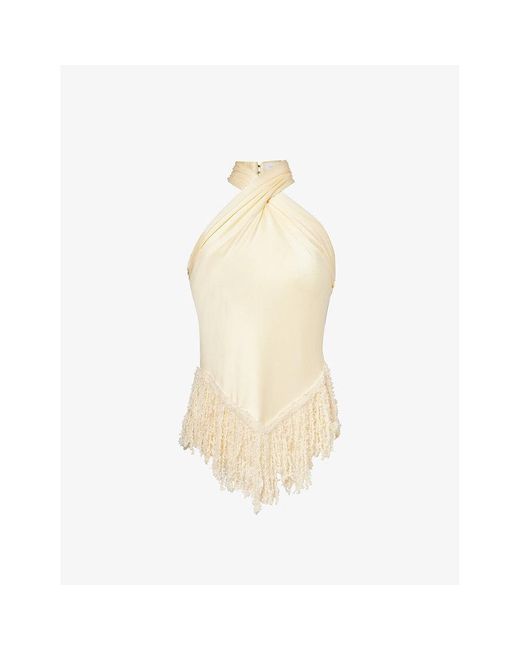 Rabanne Natural Fringed-trim Slim-fit Stretch-woven Top