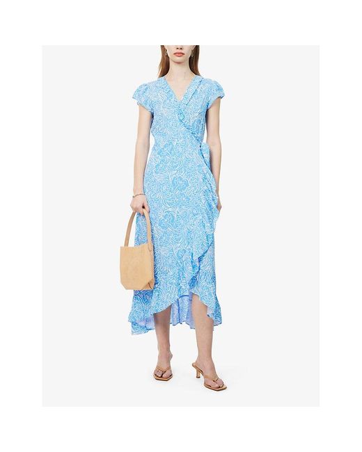 Aspiga Blue Demi Ruffle-trim Floral-print Woven Midi Wrap Dress