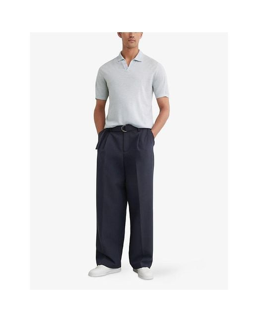 Reiss Blue Duchie Short-Sleeved Wool Polo Shirt for men
