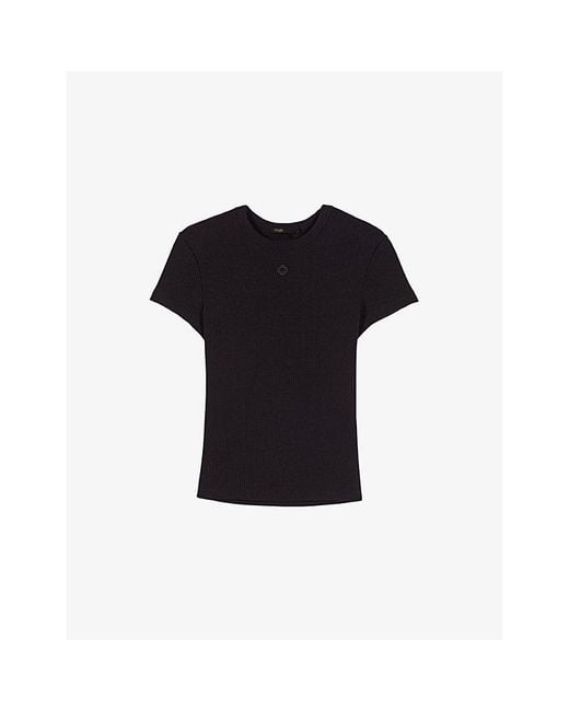 Maje Black Brand-Embroidered Ribbed Cotton-Jersey T-Shirt