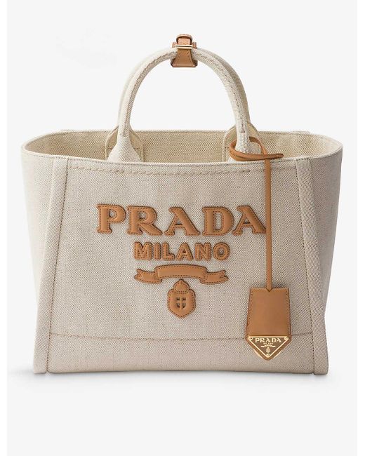 Prada Natural Brand-typography Linen-blend Tote Bag