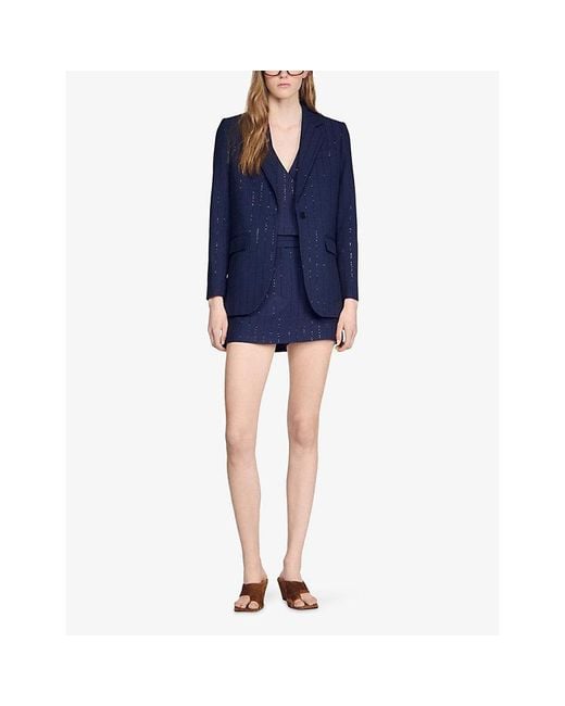 Sandro Blue Sequin-Stripe Single-Breasted Woven Blazer