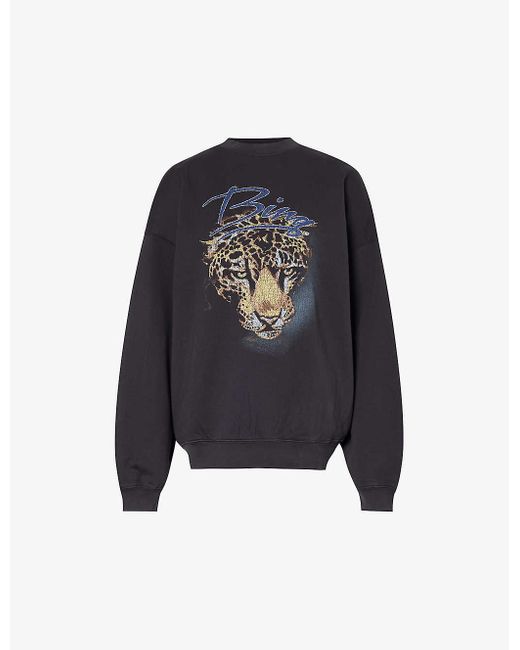 Anine Bing Blue Leopard Graphic-print Organic-cotton Jersey Sweatshirt