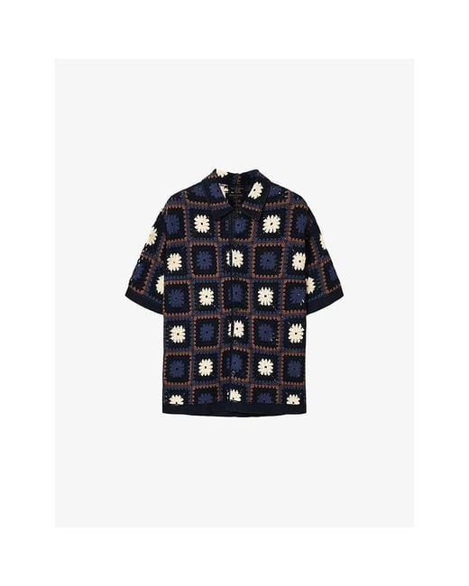 AllSaints Blue Mandon Flower-Embroidered Short-Sleeve Cotton Cardigan for men