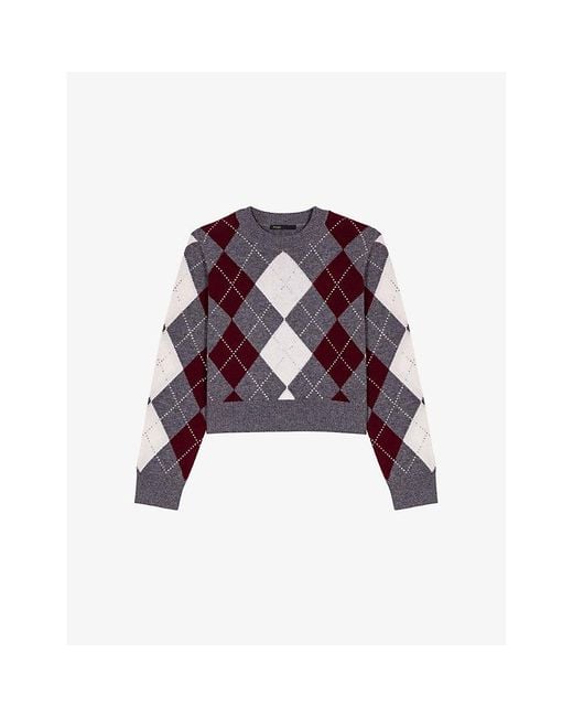 Maje Purple Cropped Long-Sleeve Argyle Wool Jumper
